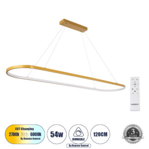 BOLIVAR 61274 Μοντέρνο Κρεμαστό Φωτιστικό Οροφής LED 54W 5400lm 360° AC 220-240V IP20 Ρυθμιζόμενο Λευκό CCT με Χειριστήριο από 2700K έως 6000K Dimmable - Lumileds SMD Chip - Χρυσό Βούρτσας - Μ120 x Π30 x Υ2cm - 3 Χρόνια Εγγύηση