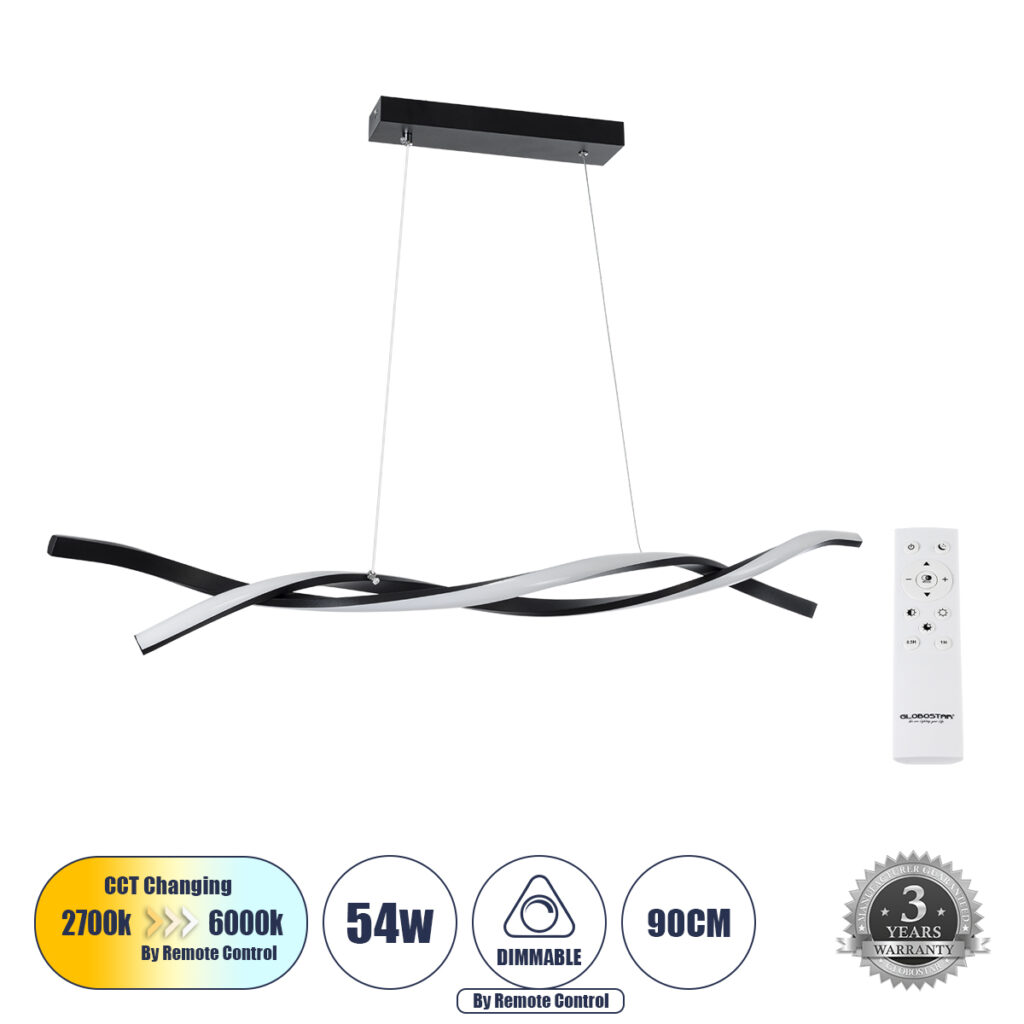 MORALES 61275 Μοντέρνο Κρεμαστό Φωτιστικό Οροφής LED 54W 5400lm 300° AC 220-240V IP20 Ρυθμιζόμενο Λευκό CCT με Χειριστήριο από 2700K έως 6000K Dimmable - Lumileds SMD Chip - Μαύρο Ματ - Μ90 x Π14 x Υ14cm - 3 Χρόνια Εγγύηση