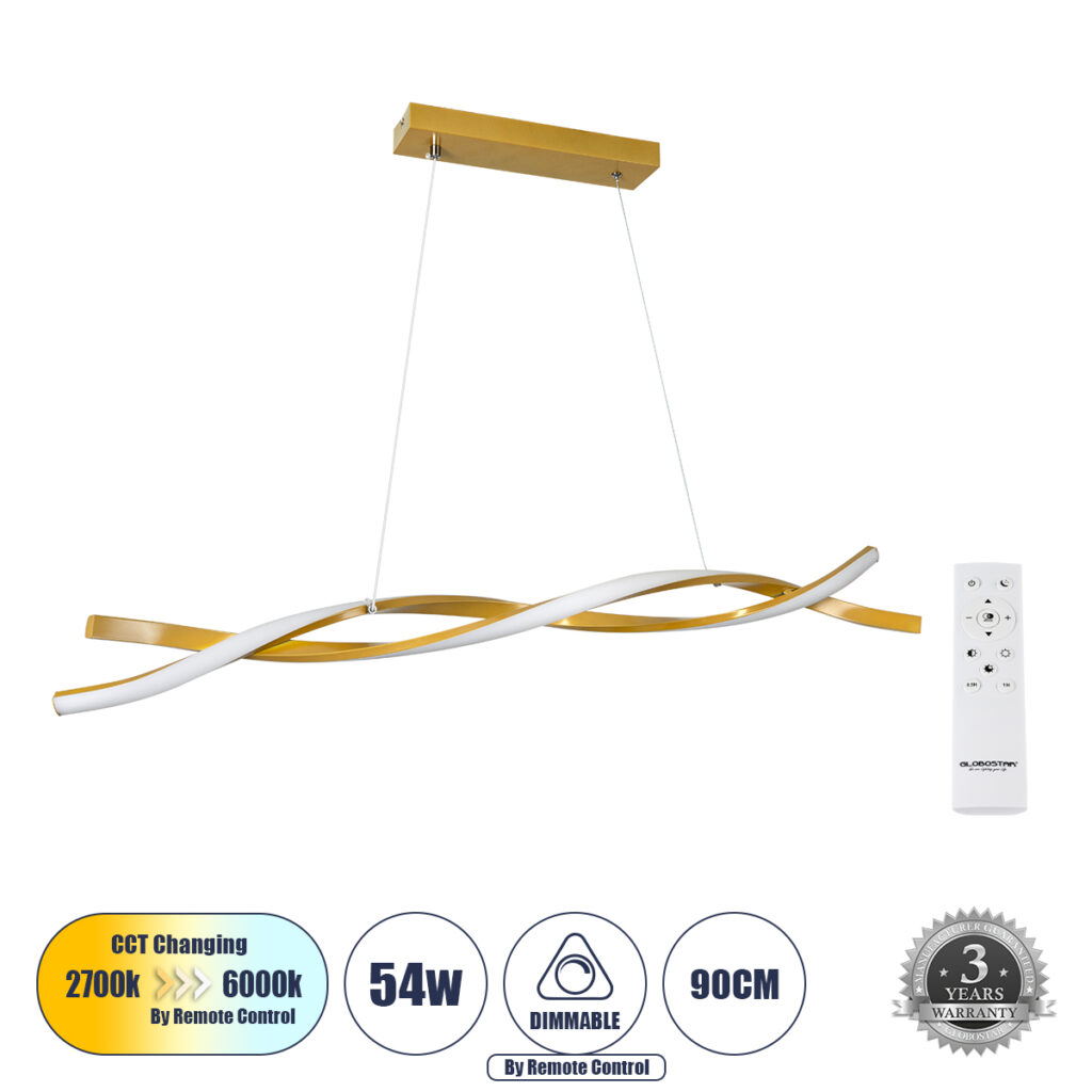 MORALES 61278 Μοντέρνο Κρεμαστό Φωτιστικό Οροφής LED 54W 5400lm 300° AC 220-240V IP20 Ρυθμιζόμενο Λευκό CCT με Χειριστήριο από 2700K έως 6000K Dimmable - Lumileds SMD Chip - Σατινέ Χρυσό Βούρτσας - Μ90 x Π14 x Υ14cm - 3 Χρόνια Εγγύηση