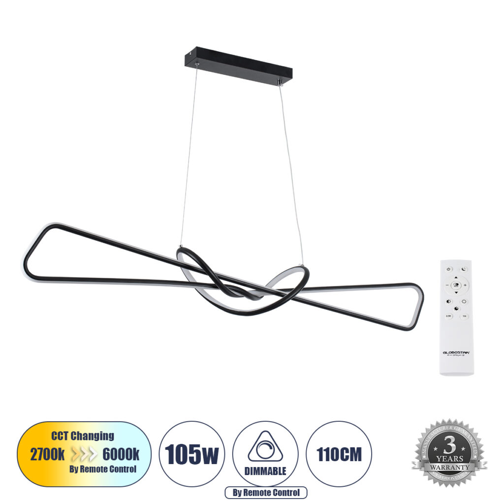 DOLORES 61279 Μοντέρνο Κρεμαστό Φωτιστικό Οροφής LED 105W 11760lm 300° AC 220-240V IP20 Ρυθμιζόμενο Λευκό CCT με Χειριστήριο από 2700K έως 6000K Dimmable - Lumileds SMD Chip - Μαύρο Ματ - Μ110 x Π17 x Υ17.5cm - 3 Χρόνια Εγγύηση
