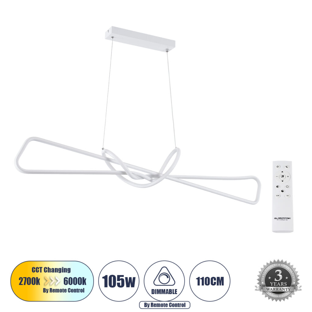 DOLORES 61280 Μοντέρνο Κρεμαστό Φωτιστικό Οροφής LED 105W 11760lm 300° AC 220-240V IP20 Ρυθμιζόμενο Λευκό CCT με Χειριστήριο από 2700K έως 6000K Dimmable - Lumileds SMD Chip - Λευκό Ματ - Μ110 x Π17 x Υ17.5cm - 3 Χρόνια Εγγύηση