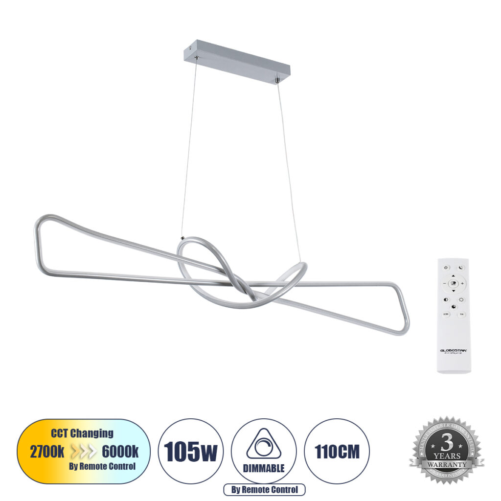 DOLORES 61281 Μοντέρνο Κρεμαστό Φωτιστικό Οροφής LED 105W 11760lm 300° AC 220-240V IP20 Ρυθμιζόμενο Λευκό CCT με Χειριστήριο από 2700K έως 6000K Dimmable - Lumileds SMD Chip - Νίκελ Βούρτσας - Μ110 x Π17 x Υ17.5cm - 3 Χρόνια Εγγύηση