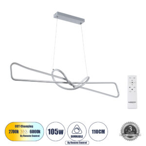 DOLORES 61281 Μοντέρνο Κρεμαστό Φωτιστικό Οροφής LED 105W 11760lm 300° AC 220-240V IP20 Ρυθμιζόμενο Λευκό CCT με Χειριστήριο από 2700K έως 6000K Dimmable - Lumileds SMD Chip - Νίκελ Βούρτσας - Μ110 x Π17 x Υ17.5cm - 3 Χρόνια Εγγύηση