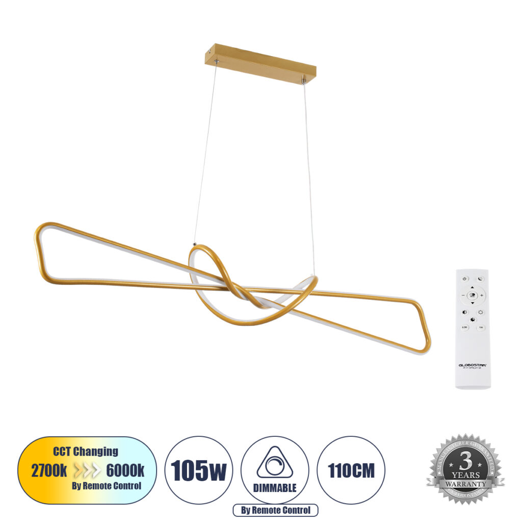 DOLORES 61282 Μοντέρνο Κρεμαστό Φωτιστικό Οροφής LED 105W 11760lm 300° AC 220-240V IP20 Ρυθμιζόμενο Λευκό CCT με Χειριστήριο από 2700K έως 6000K Dimmable - Lumileds SMD Chip - Χρυσό Βούρτσας - Μ110 x Π17 x Υ17.5cm - 3 Χρόνια Εγγύηση