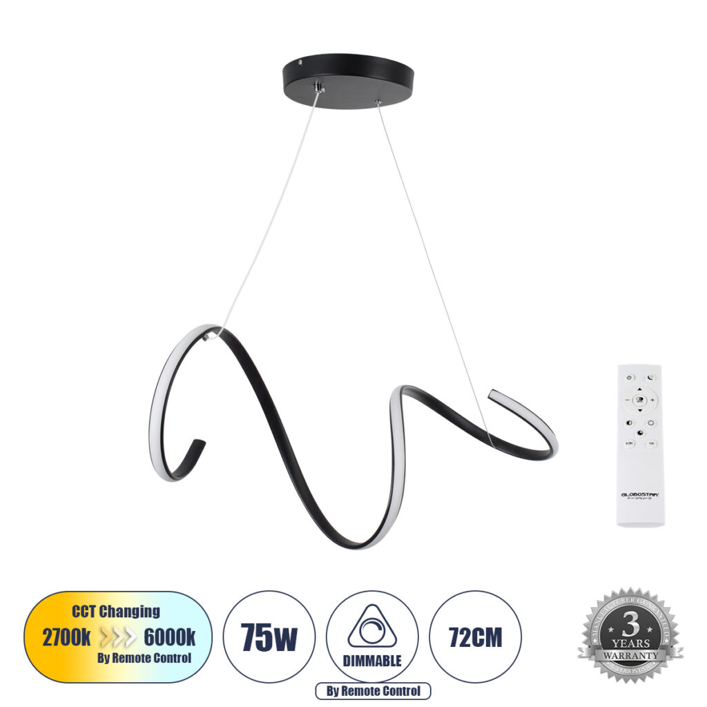 SPIRALE 61283 Μοντέρνο Κρεμαστό Φωτιστικό Οροφής LED 75W 7500lm 300° AC 220-240V IP20 Ρυθμιζόμενο Λευκό CCT με Χειριστήριο από 2700K έως 6000K Dimmable - Lumileds SMD Chip - Μαύρο Ματ - Μ72 x Π25 x Υ30cm - 3 Χρόνια Εγγύηση