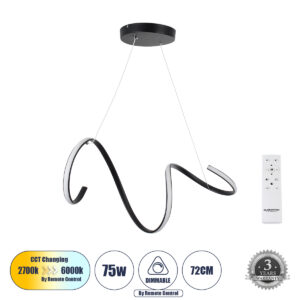 SPIRALE 61283 Μοντέρνο Κρεμαστό Φωτιστικό Οροφής LED 75W 7500lm 300° AC 220-240V IP20 Ρυθμιζόμενο Λευκό CCT με Χειριστήριο από 2700K έως 6000K Dimmable - Lumileds SMD Chip - Μαύρο Ματ - Μ72 x Π25 x Υ30cm - 3 Χρόνια Εγγύηση