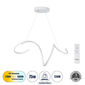 SPIRALE 61284 Μοντέρνο Κρεμαστό Φωτιστικό Οροφής LED 75W 7500lm 300° AC 220-240V IP20 Ρυθμιζόμενο Λευκό CCT με Χειριστήριο από 2700K έως 6000K Dimmable - Lumileds SMD Chip - Λευκό Ματ - Μ72 x Π25 x Υ30cm - 3 Χρόνια Εγγύηση