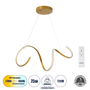 SPIRALE 61286 Μοντέρνο Κρεμαστό Φωτιστικό Οροφής LED 75W 7500lm 300° AC 220-240V IP20 Ρυθμιζόμενο Λευκό CCT με Χειριστήριο από 2700K έως 6000K Dimmable - Lumileds SMD Chip - Χρυσό Βούρτσας - Μ72 x Π25 x Υ30cm - 3 Χρόνια Εγγύηση