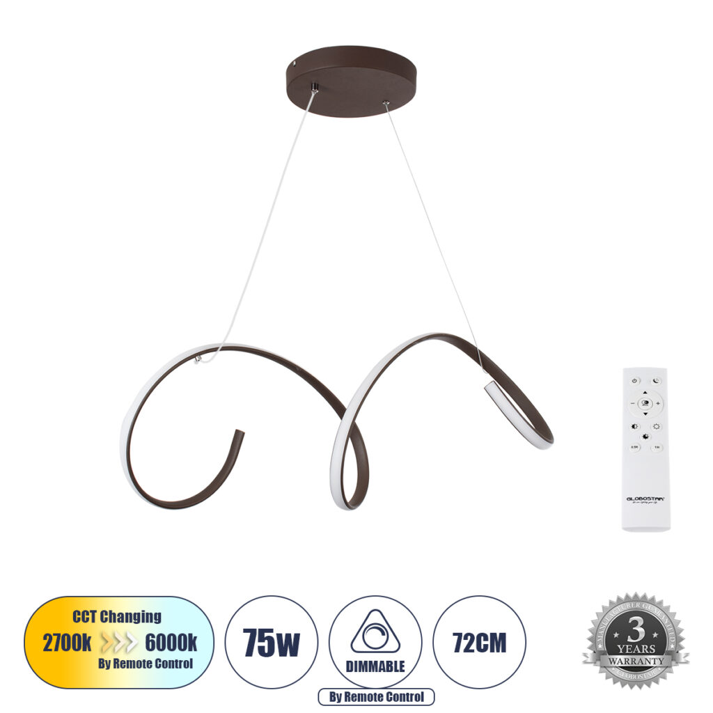 SPIRALE 61287 Μοντέρνο Κρεμαστό Φωτιστικό Οροφής LED 75W 7500lm 300° AC 220-240V IP20 Ρυθμιζόμενο Λευκό CCT με Χειριστήριο από 2700K έως 6000K Dimmable - Lumileds SMD Chip - Καφέ Ματ - Μ72 x Π25 x Υ30cm - 3 Χρόνια Εγγύηση