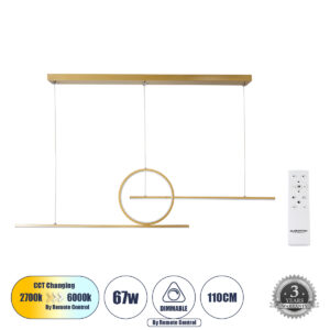 TEREZA 61289 Μοντέρνο Κρεμαστό Φωτιστικό Οροφής LED 67W 7504lm 300° AC 220-240V IP20 Ρυθμιζόμενο Λευκό CCT με Χειριστήριο από 2700K έως 6000K Dimmable - Lumileds SMD Chip - Χρυσό Βούρτσας - Μ110 x Π4.5 x Υ34cm - 3 Χρόνια Εγγύηση
