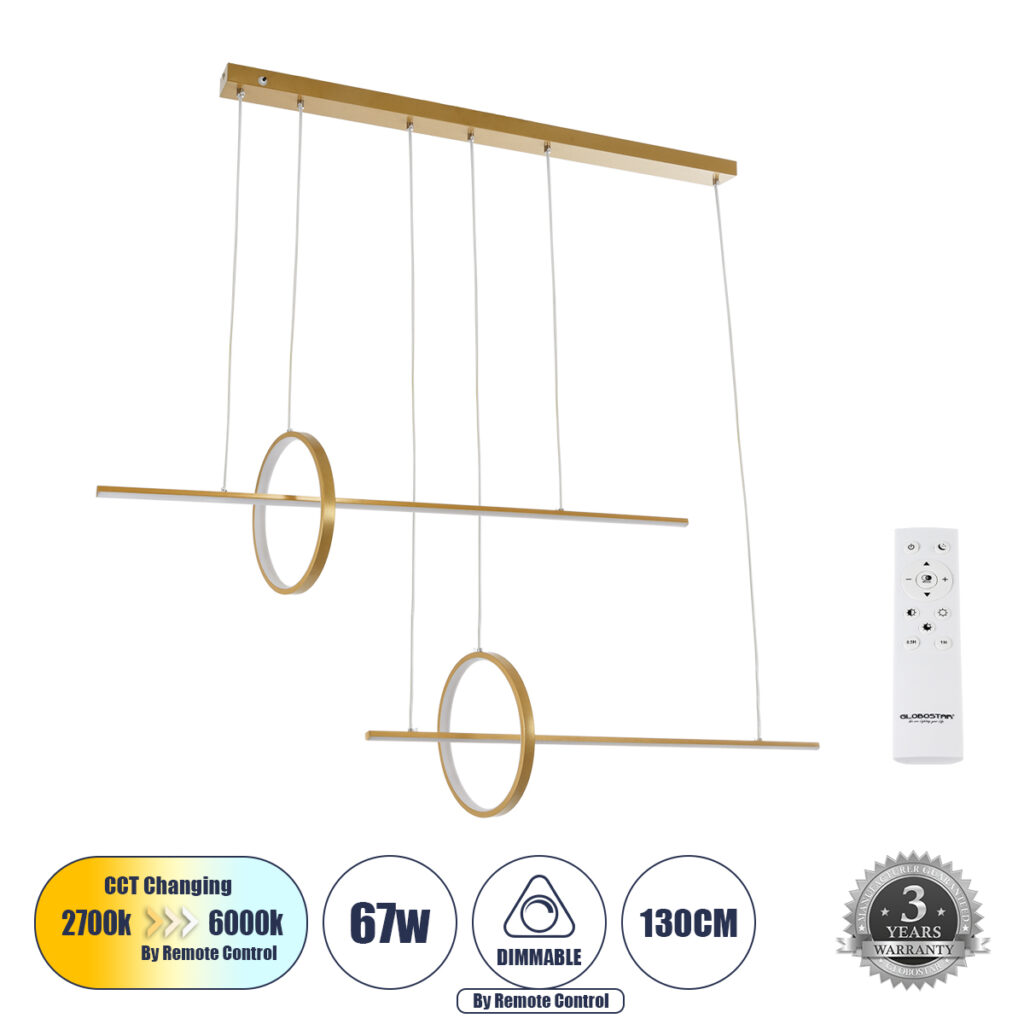 LINEARE 61291 Μοντέρνο Κρεμαστό Φωτιστικό Οροφής LED 67W 7504lm 300° AC 220-240V IP20 Ρυθμιζόμενο Λευκό CCT με Χειριστήριο από 2700K έως 6000K Dimmable - Lumileds SMD Chip - Χρυσό Βούρτσας - Μ130 x Π25 x Υ60cm - 3 Χρόνια Εγγύηση