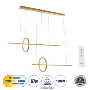 LINEARE 61291 Μοντέρνο Κρεμαστό Φωτιστικό Οροφής LED 67W 7504lm 300° AC 220-240V IP20 Ρυθμιζόμενο Λευκό CCT με Χειριστήριο από 2700K έως 6000K Dimmable - Lumileds SMD Chip - Χρυσό Βούρτσας - Μ130 x Π25 x Υ60cm - 3 Χρόνια Εγγύηση