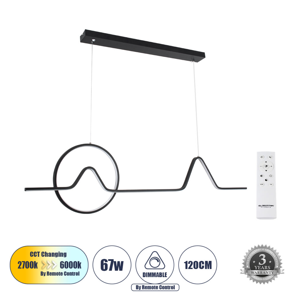 WINDY 61292 Μοντέρνο Κρεμαστό Φωτιστικό Οροφής LED 67W 7504lm 300° AC 220-240V IP20 Ρυθμιζόμενο Λευκό CCT με Χειριστήριο από 2700K έως 6000K Dimmable - Lumileds SMD Chip - Μαύρο Ματ - Μ120 x Π4 x Υ30cm - 3 Χρόνια Εγγύηση