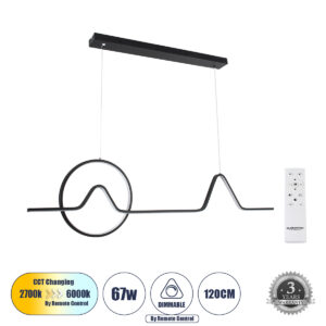 WINDY 61292 Μοντέρνο Κρεμαστό Φωτιστικό Οροφής LED 67W 7504lm 300° AC 220-240V IP20 Ρυθμιζόμενο Λευκό CCT με Χειριστήριο από 2700K έως 6000K Dimmable - Lumileds SMD Chip - Μαύρο Ματ - Μ120 x Π4 x Υ30cm - 3 Χρόνια Εγγύηση
