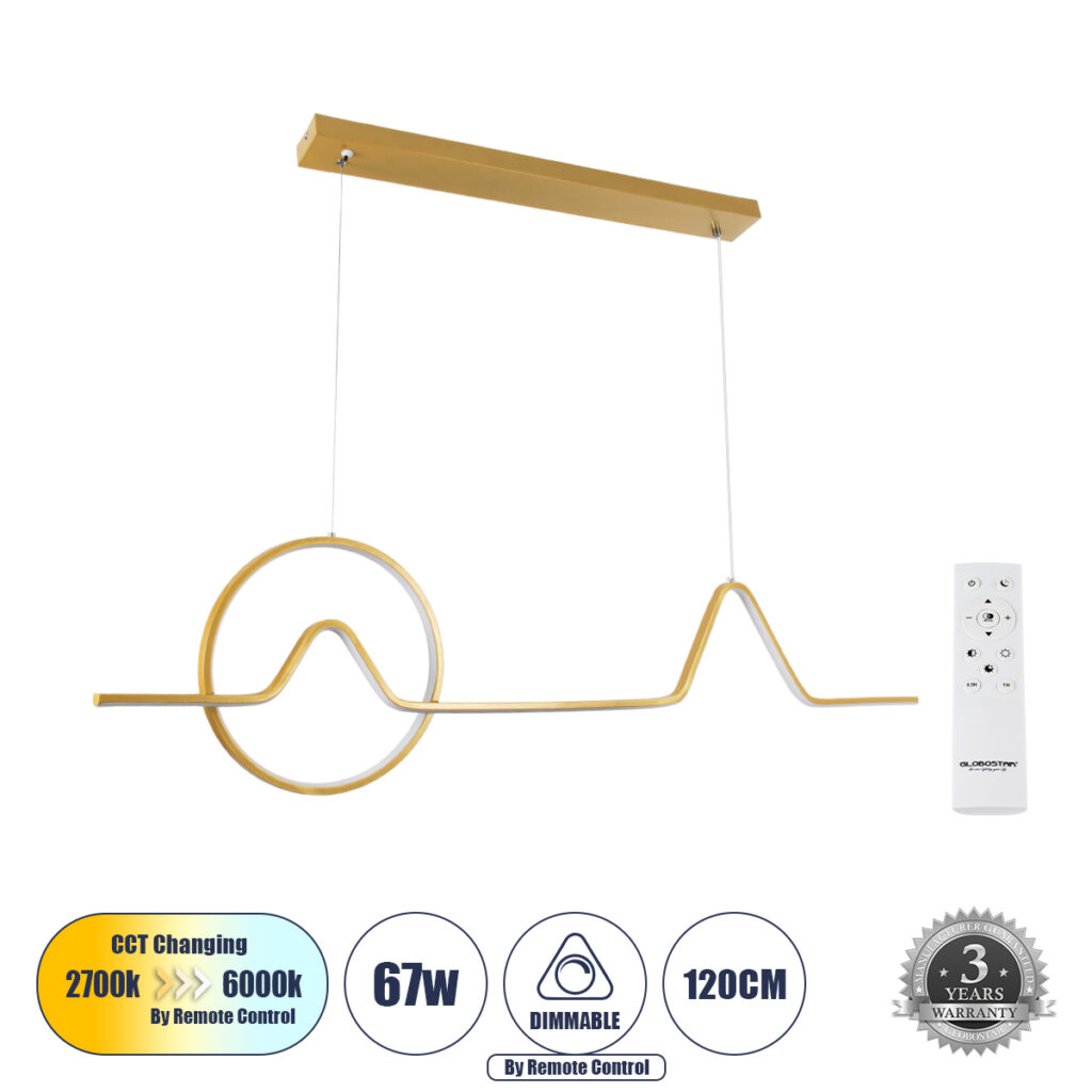 WINDY 61293 Μοντέρνο Κρεμαστό Φωτιστικό Οροφής LED 67W 7504lm 300° AC 220-240V IP20 Ρυθμιζόμενο Λευκό CCT με Χειριστήριο από 2700K έως 6000K Dimmable - Lumileds SMD Chip - Χρυσό Βούρτσας - Μ120 x Π4 x Υ30cm - 3 Χρόνια Εγγύηση