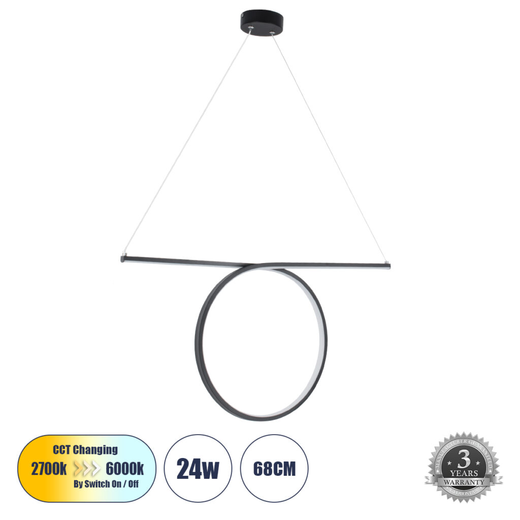 ROME 61294 Μοντέρνο Κρεμαστό Φωτιστικό Οροφής LED 24W 2640lm 200° AC 220-240V IP20 Ρυθμιζόμενο Λευκό CCT με On/Off 2700K/4500K/6000K - Lumileds SMD Chip - Μαύρο Ματ - Μ65.5 x Π4 x Υ33cm - 3 Χρόνια Εγγύηση