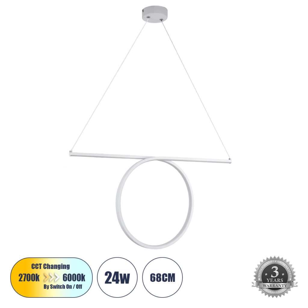 ROME 61295 Μοντέρνο Κρεμαστό Φωτιστικό Οροφής LED 24W 2640lm 200° AC 220-240V IP20 Ρυθμιζόμενο Λευκό CCT με On/Off 2700K/4500K/6000K - Lumileds SMD Chip - Λευκό Ματ - Μ65.5 x Π4 x Υ33cm - 3 Χρόνια Εγγύηση