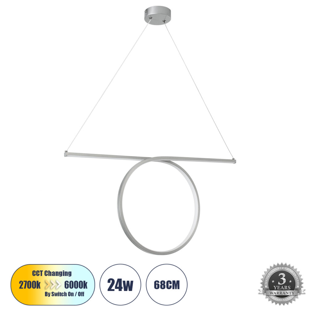 ROME 61296 Μοντέρνο Κρεμαστό Φωτιστικό Οροφής LED 24W 2640lm 200° AC 220-240V IP20 Ρυθμιζόμενο Λευκό CCT με On/Off 2700K/4500K/6000K - Lumileds SMD Chip - Νίκελ Βούρτσας - Μ65.5 x Π4 x Υ33cm - 3 Χρόνια Εγγύηση