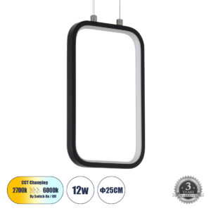 DEROBA 61298 Μοντέρνο Κρεμαστό Φωτιστικό Οροφής LED 12W 1320lm 360° AC 220-240V IP20 Ρυθμιζόμενο Λευκό CCT με On/Off 2700K/4500K/6000K - Lumileds SMD Chip - Μαύρο Ματ - Μ16 x Π1.6 x Υ25.5cm - 3 Χρόνια Εγγύηση