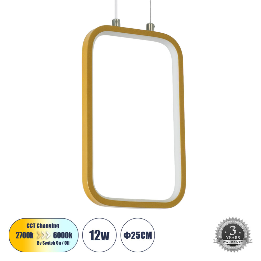 DEROBA 61301 Μοντέρνο Κρεμαστό Φωτιστικό Οροφής LED 12W 1320lm 360° AC 220-240V IP20 Ρυθμιζόμενο Λευκό CCT με On/Off 2700K/4500K/6000K - Lumileds SMD Chip - Χρυσό Βούρτσας - Μ16 x Π1.6 x Υ25.5cm - 3 Χρόνια Εγγύηση