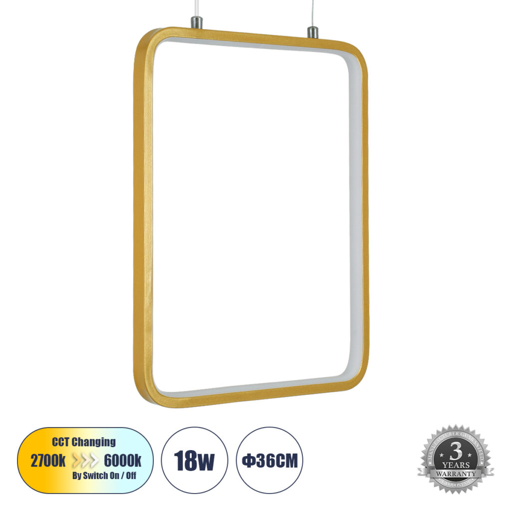 NEROBA 61305 Μοντέρνο Κρεμαστό Φωτιστικό Οροφής LED 18W 1980lm 360° AC 220-240V IP20 Ρυθμιζόμενο Λευκό CCT με On/Off 2700K/4500K/6000K - Lumileds SMD Chip - Χρυσό Βούρτσας - Μ29 x Π2 x Υ36cm - 3 Χρόνια Εγγύηση