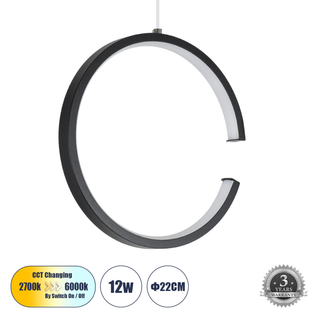 CEROBA 61306 Μοντέρνο Κρεμαστό Φωτιστικό Οροφής LED 12W 1320lm 360° AC 220-240V IP20 Ρυθμιζόμενο Λευκό CCT με On/Off 2700K/4500K/6000K - Lumileds SMD Chip - Μαύρο Ματ - Μ22 x Π2 x Υ22cm - 3 Χρόνια Εγγύηση