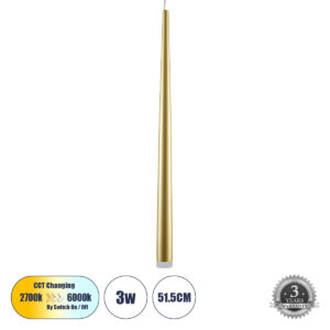 TEARS 61310 Μοντέρνο Κρεμαστό Φωτιστικό Οροφής LED 3W 300lm 180° AC 220-240V IP20 Ρυθμιζόμενο Λευκό CCT με On/Off 2700K/4500K/6000K - Lumileds SMD Chip - Χρυσό Βούρτσας - Μ3.2 x Π3.2 x Υ51.5cm - 3 Χρόνια Εγγύηση