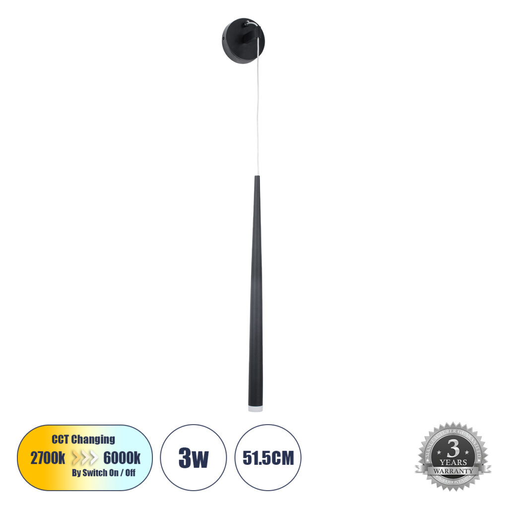 TEARS 61315 Μοντέρνο Φωτιστικό Τοίχου - Απλίκα LED 3W 300lm 180° AC 220-240V IP20 Ρυθμιζόμενο Λευκό CCT με On/Off 2700K/4500K/6000K - Lumileds SMD Chip - Μαύρο Ματ - Μ3.2 x Π3.2 x Υ51.5cm - 3 Χρόνια Εγγύηση
