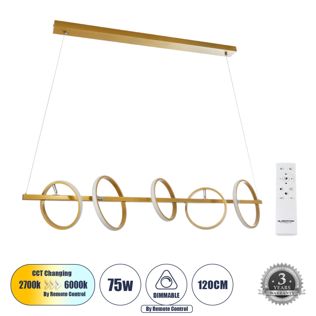 CIRCOLARE 61322 Μοντέρνο Κρεμαστό Φωτιστικό Οροφής LED 75W 8400lm 360° AC 220-240V IP20 Ρυθμιζόμενο Λευκό CCT με Χειριστήριο από 2700K έως 6000K Dimmable - Lumileds SMD Chip - Χρυσό - Μ120 x Π25 x Υ25cm - 3 Χρόνια Εγγύηση