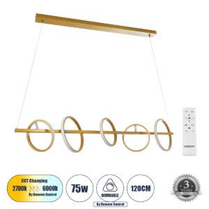 CIRCOLARE 61322 Μοντέρνο Κρεμαστό Φωτιστικό Οροφής LED 75W 8400lm 360° AC 220-240V IP20 Ρυθμιζόμενο Λευκό CCT με Χειριστήριο από 2700K έως 6000K Dimmable - Lumileds SMD Chip - Χρυσό - Μ120 x Π25 x Υ25cm - 3 Χρόνια Εγγύηση