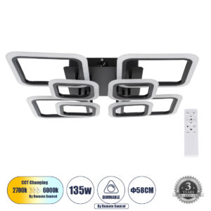 ROYAL-S 61325 Μοντέρνο Φωτιστικό Οροφής LED 135W 16200lm 360° AC 220-240V IP20 Ρυθμιζόμενο Λευκό CCT με Χειριστήριο από 2700K έως 6000K Dimmable - Lumileds SMD Chip - Μαύρο Ματ - Μ58.5 x Π58.5 x Υ12cm - 3 Χρόνια Εγγύηση