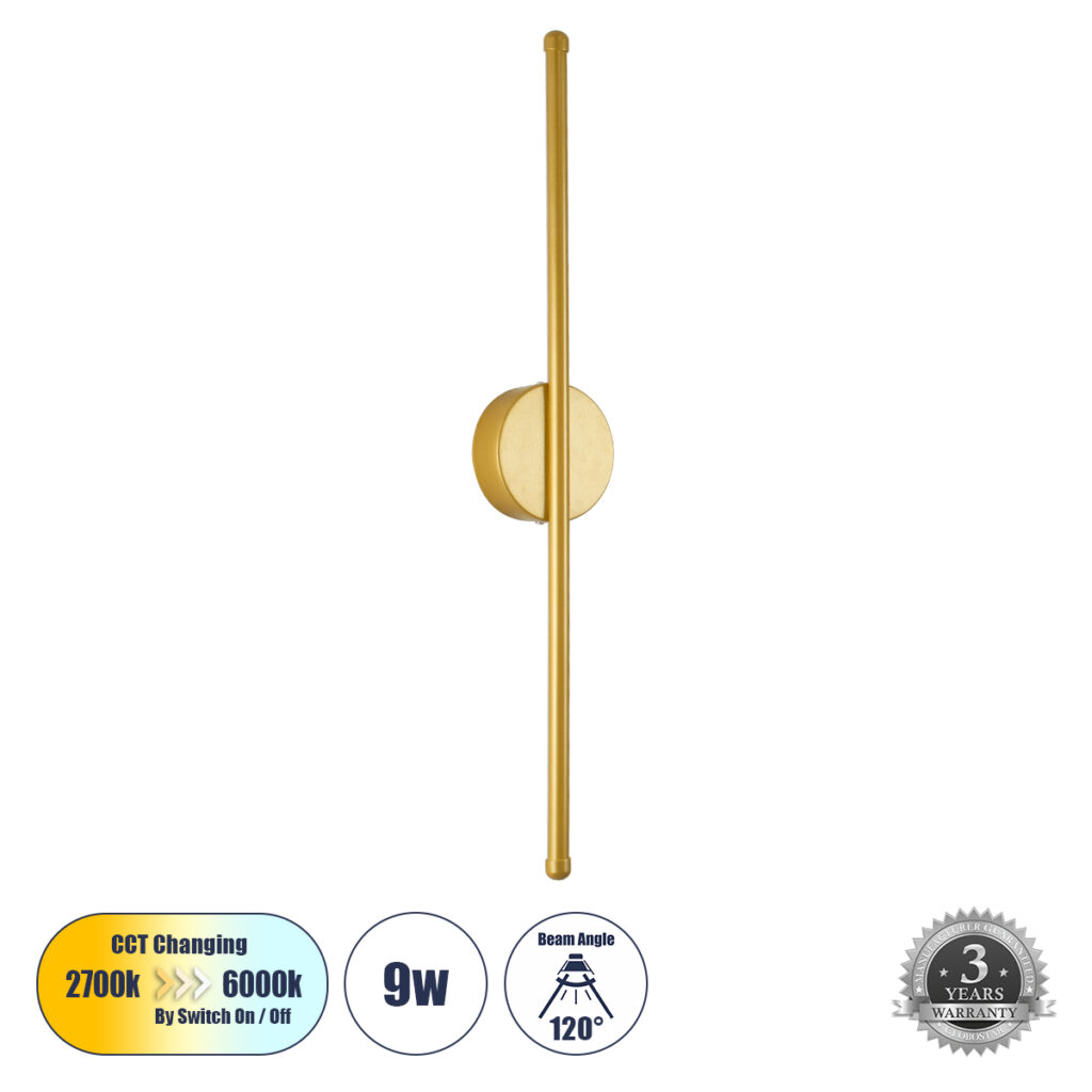 DIADEM 61330 Μοντέρνο Φωτιστικό Τοίχου - Απλίκα LED 9W 900lm 120° AC 220-240V IP20 Ρυθμιζόμενο Λευκό CCT με On/Off 2700K/4500K/6000K - Lumileds SMD Chip - Σατινέ Χρυσό Βούρτσας - Μ10 x Π4 x Υ60cm - 3 Χρόνια Εγγύηση