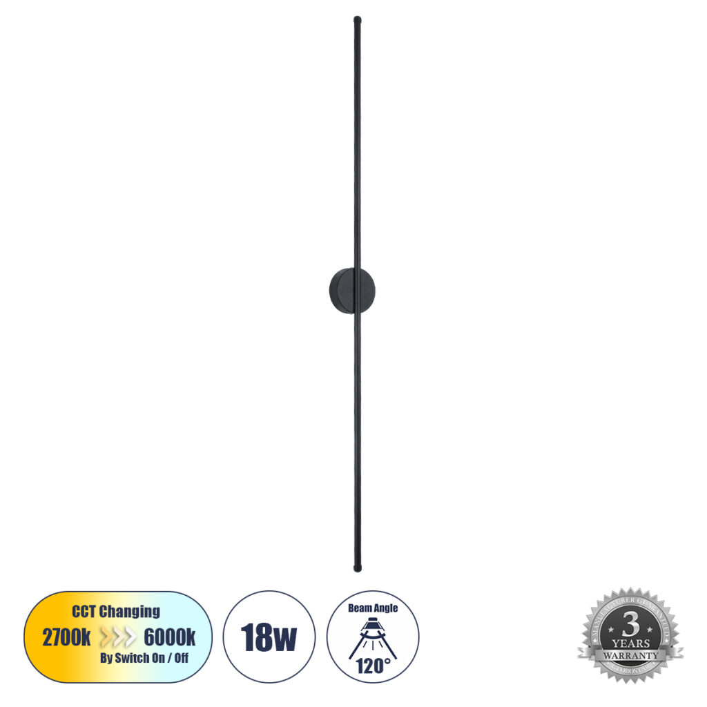 DIADEM 61333 Μοντέρνο Φωτιστικό Τοίχου - Απλίκα LED 18W 1800lm 120° AC 220-240V IP20 Ρυθμιζόμενο Λευκό CCT με On/Off 2700K/4500K/6000K - Lumileds SMD Chip - Μαύρο Ματ - Μ10 x Π4 x Υ120cm - 3 Χρόνια Εγγύηση