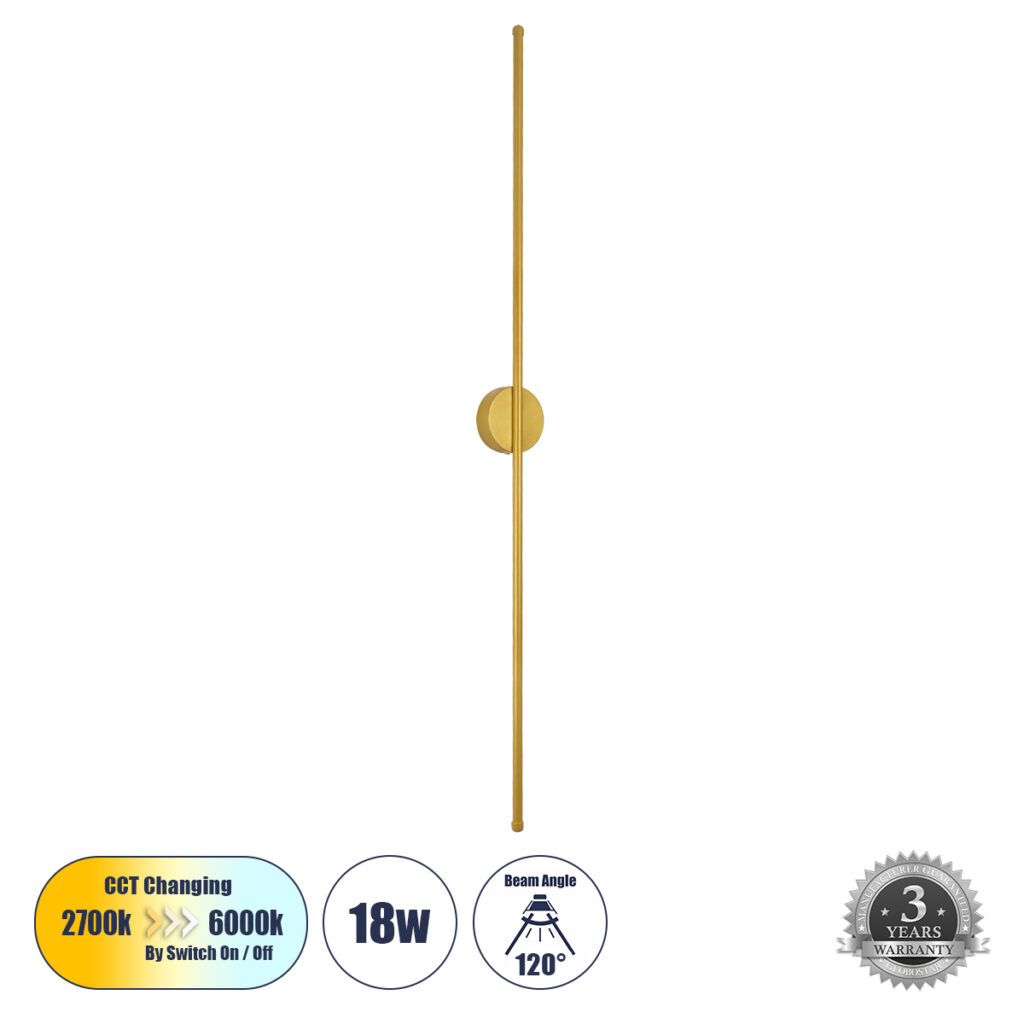 DIADEM 61334 Μοντέρνο Φωτιστικό Τοίχου - Απλίκα LED 18W 1800lm 120° AC 220-240V IP20 Ρυθμιζόμενο Λευκό CCT με On/Off 2700K/4500K/6000K - Lumileds SMD Chip - Χρυσό Βούρτσας - Μ10 x Π4 x Υ120cm - 3 Χρόνια Εγγύηση