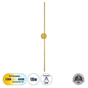 DIADEM 61334 Μοντέρνο Φωτιστικό Τοίχου - Απλίκα LED 18W 1800lm 120° AC 220-240V IP20 Ρυθμιζόμενο Λευκό CCT με On/Off 2700K/4500K/6000K - Lumileds SMD Chip - Χρυσό Βούρτσας - Μ10 x Π4 x Υ120cm - 3 Χρόνια Εγγύηση