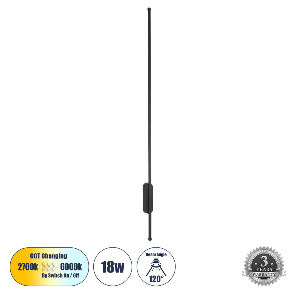 HARLEM 61335 Μοντέρνο Φωτιστικό Τοίχου - Απλίκα LED 18W 2160lm 120° AC 220-240V IP20 Ρυθμιζόμενο Λευκό CCT με On/Off 2700K/4500K/6000K - Lumileds SMD Chip - Μαύρο Ματ - Μ5 x Π4 x Υ120cm - 3 Χρόνια Εγγύηση