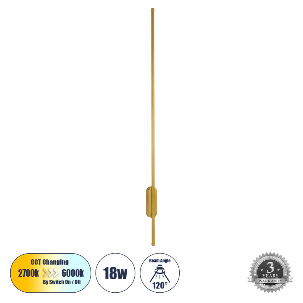 HARLEM 61336 Μοντέρνο Φωτιστικό Τοίχου - Απλίκα LED 18W 2160lm 120° AC 220-240V IP20 Ρυθμιζόμενο Λευκό CCT με On/Off 2700K/4500K/6000K - Lumileds SMD Chip - Χρυσό Βούρτσας - Μ5 x Π4 x Υ120cm - 3 Χρόνια Εγγύηση