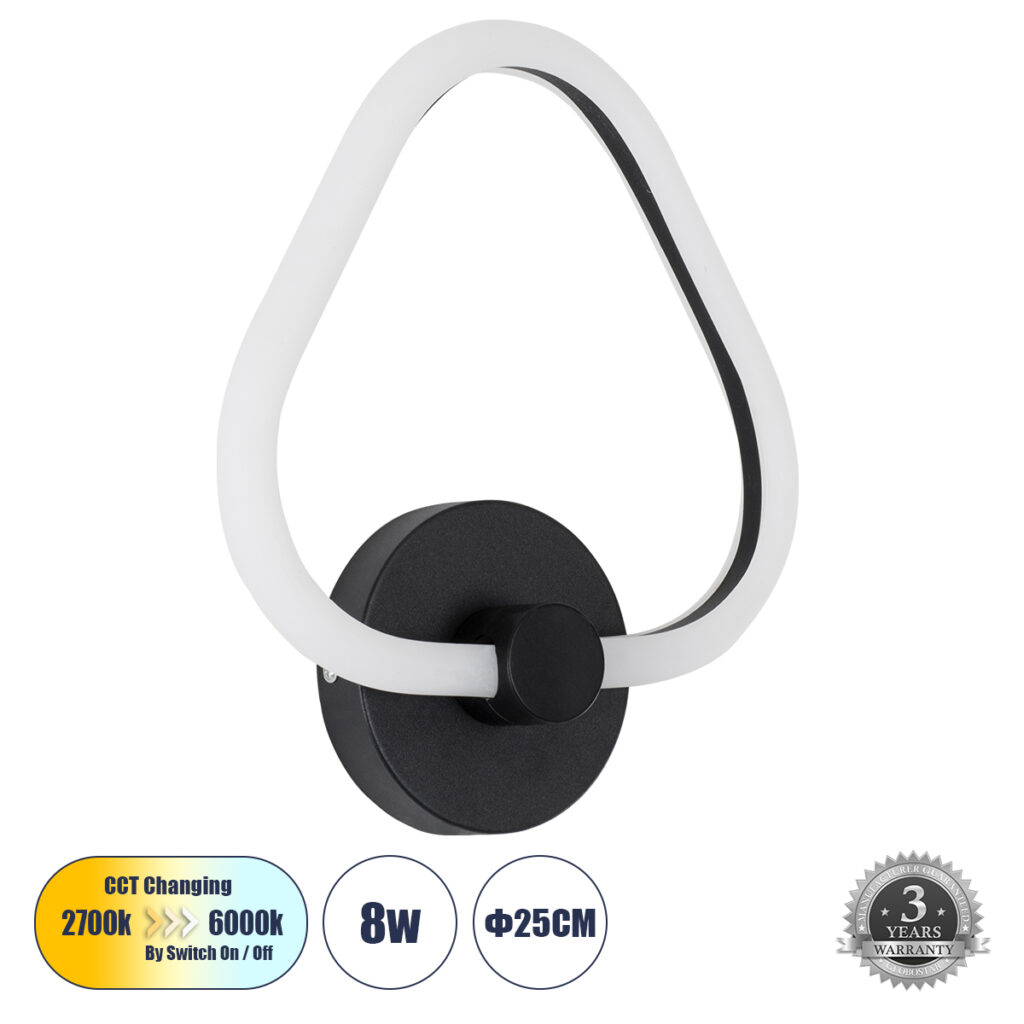 REGINA 61341 Μοντέρνο Φωτιστικό Τοίχου - Απλίκα LED 8W 960lm 360° AC 220-240V IP20 Ρυθμιζόμενο Λευκό CCT με On/Off 2700K/4500K/6000K - Lumileds SMD Chip - Μαύρο Ματ - Μ25 x Π7 x Υ28.5cm - 3 Χρόνια Εγγύηση