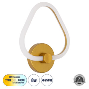 REGINA 61342 Μοντέρνο Φωτιστικό Τοίχου - Απλίκα LED 8W 960lm 360° AC 220-240V IP20 Ρυθμιζόμενο Λευκό CCT με On/Off 2700K/4500K/6000K - Lumileds SMD Chip - Χρυσό - Μ25 x Π7 x Υ28.5cm - 3 Χρόνια Εγγύηση