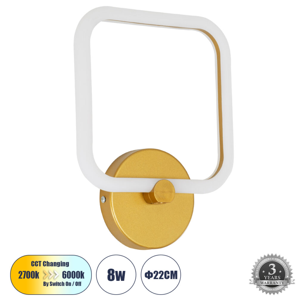 ELIZA 61344 Μοντέρνο Φωτιστικό Τοίχου - Απλίκα LED 8W 960lm 360° AC 220-240V IP20 Ρυθμιζόμενο Λευκό CCT με On/Off 2700K/4500K/6000K - Lumileds SMD Chip - Χρυσό - Μ22 x Π5 x Υ28.5cm - 3 Χρόνια Εγγύηση