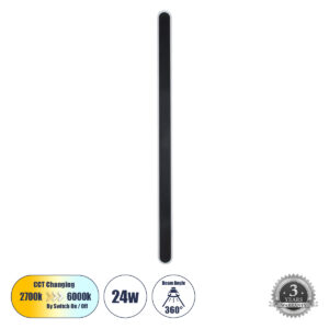 HOUSTON 61349 Μοντέρνο Φωτιστικό Τοίχου - Απλίκα LED 24W 2880lm 360° AC 220-240V IP20 Ρυθμιζόμενο Λευκό CCT με On/Off 2700K/4500K/6000K - Lumileds SMD Chip - Μαύρο Ματ - Μ6 x Π3 x Υ100cm - 3 Χρόνια Εγγύηση