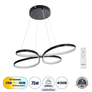 BUTTERFLY 61391 Μοντέρνο Κρεμαστό Φωτιστικό Οροφής LED 75W 7500lm 300° AC 220-240V IP20 Ρυθμιζόμενο Λευκό CCT με Χειριστήριο από 2700K έως 6000K Dimmable - Lumileds SMD Chip - Μαύρο Ματ - Μ70 x Π55 x Υ4cm - 3 Χρόνια Εγγύηση