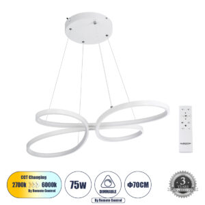 BUTTERFLY 61392 Μοντέρνο Κρεμαστό Φωτιστικό Οροφής LED 75W 7500lm 300° AC 220-240V IP20 Ρυθμιζόμενο Λευκό CCT με Χειριστήριο από 2700K έως 6000K Dimmable - Lumileds SMD Chip - Λευκό Ματ - Μ70 x Π55 x Υ4cm - 3 Χρόνια Εγγύηση