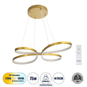 BUTTERFLY 61393 Μοντέρνο Κρεμαστό Φωτιστικό Οροφής LED 75W 7500lm 300° AC 220-240V IP20 Ρυθμιζόμενο Λευκό CCT με Χειριστήριο από 2700K έως 6000K Dimmable - Lumileds SMD Chip - Χρυσό Βούρτσας - Μ70 x Π55 x Υ4cm - 3 Χρόνια Εγγύηση