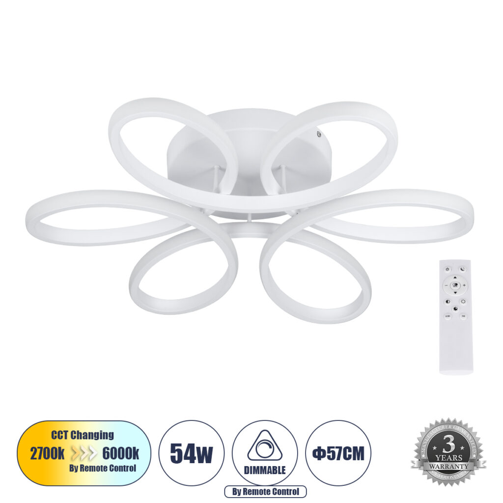 MARGARET 61401 Μοντέρνο Φωτιστικό Οροφής LED 54W 5400lm 360° AC 220-240V IP20 Ρυθμιζόμενο Λευκό CCT με Χειριστήριο από 2700K έως 6000K Dimmable - Lumileds SMD Chip - Λευκό Ματ - Μ57 x Π57 x Υ12cm - 3 Χρόνια Εγγύηση