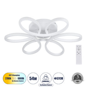 MARGARET 61401 Μοντέρνο Φωτιστικό Οροφής LED 54W 5400lm 360° AC 220-240V IP20 Ρυθμιζόμενο Λευκό CCT με Χειριστήριο από 2700K έως 6000K Dimmable - Lumileds SMD Chip - Λευκό Ματ - Μ57 x Π57 x Υ12cm - 3 Χρόνια Εγγύηση