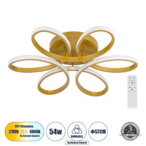 MARGARET 61403 Μοντέρνο Φωτιστικό Οροφής LED 54W 5400lm 360° AC 220-240V IP20 Ρυθμιζόμενο Λευκό CCT με Χειριστήριο από 2700K έως 6000K Dimmable - Lumileds SMD Chip - Χρυσό Βούρτσας - Μ57 x Π57 x Υ12cm - 3 Χρόνια Εγγύηση