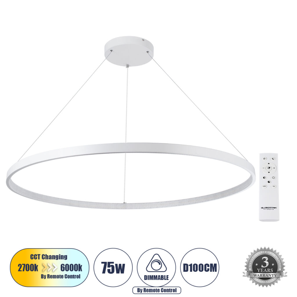 DIAMOND 61518 Μοντέρνο Κρεμαστό Φωτιστικό Οροφής LED 75W 8400lm 360° AC 220-240V IP20 Ρυθμιζόμενο Λευκό CCT με Χειριστήριο από 2700K έως 6000K Dimmable - Lumileds SMD Chip - Λευκό Ματ - Μ100 x Π100 x Υ90cm - 3 Χρόνια Εγγύηση