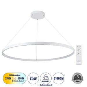 DIAMOND 61518 Μοντέρνο Κρεμαστό Φωτιστικό Οροφής LED 75W 8400lm 360° AC 220-240V IP20 Ρυθμιζόμενο Λευκό CCT με Χειριστήριο από 2700K έως 6000K Dimmable - Lumileds SMD Chip - Λευκό Ματ - Μ100 x Π100 x Υ90cm - 3 Χρόνια Εγγύηση