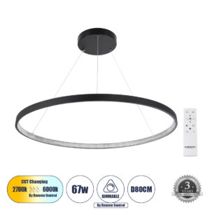DIAMOND 61520 Μοντέρνο Κρεμαστό Φωτιστικό Οροφής LED 67W 7504lm 360° AC 220-240V IP20 Ρυθμιζόμενο Λευκό CCT με Χειριστήριο από 2700K έως 6000K Dimmable - Lumileds SMD Chip - Μαύρο Ματ - Μ80 x Π80 x Υ110cm - 3 Χρόνια Εγγύηση